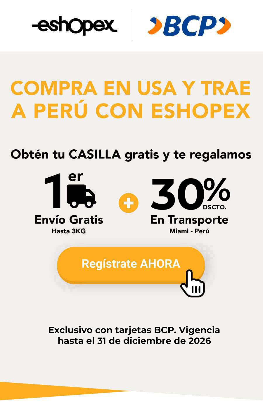 Primer envío Gratis hasta 3 Kilos y luego 25% de descuento en transporte Miami-Perú pagando con tarjetas BCP.